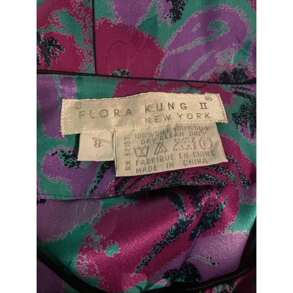 Flora Kung Silk Top Blouse Long Sleeve Floral Purple Teal Button Shirt 8 M VTG - Picture 10 of 10